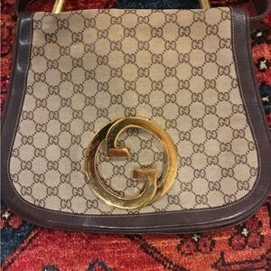 Gucci Monogram Beige and Dark Brown Shoulder Bag with Gold Emblem